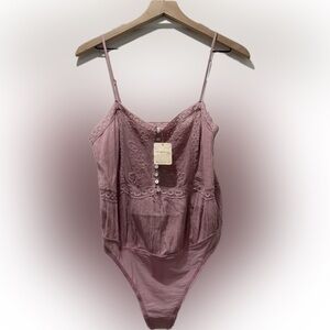 Free People Intimately Lace Bodysuit Pink Button Front NWT Size M Boho